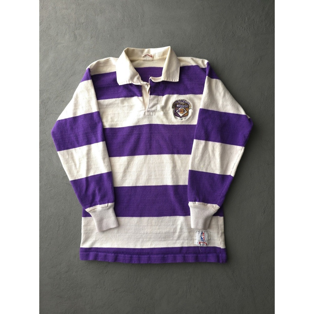 Vintage 1980s Los Angeles LA Lakers Purple White Striped Rugby Shirt NBA L